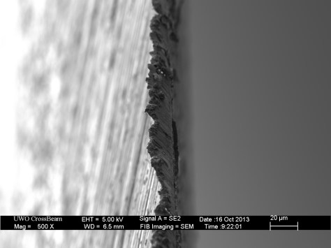 Edge view of a burr raised by repeated strokes of one side of the blade on a DMT 1200 diamond plate.